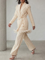 Two-piece Set Featuring A Mid-length Corduroy Jacket With A Fringed Lapel And Wide-leg Trousers