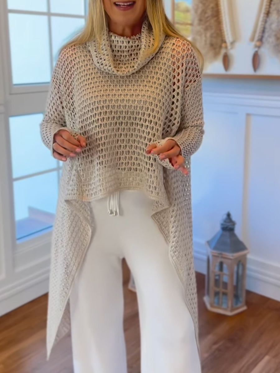 Chic Long-line Knit Sweater With A Stacked Collar And Cut-out Detailing.