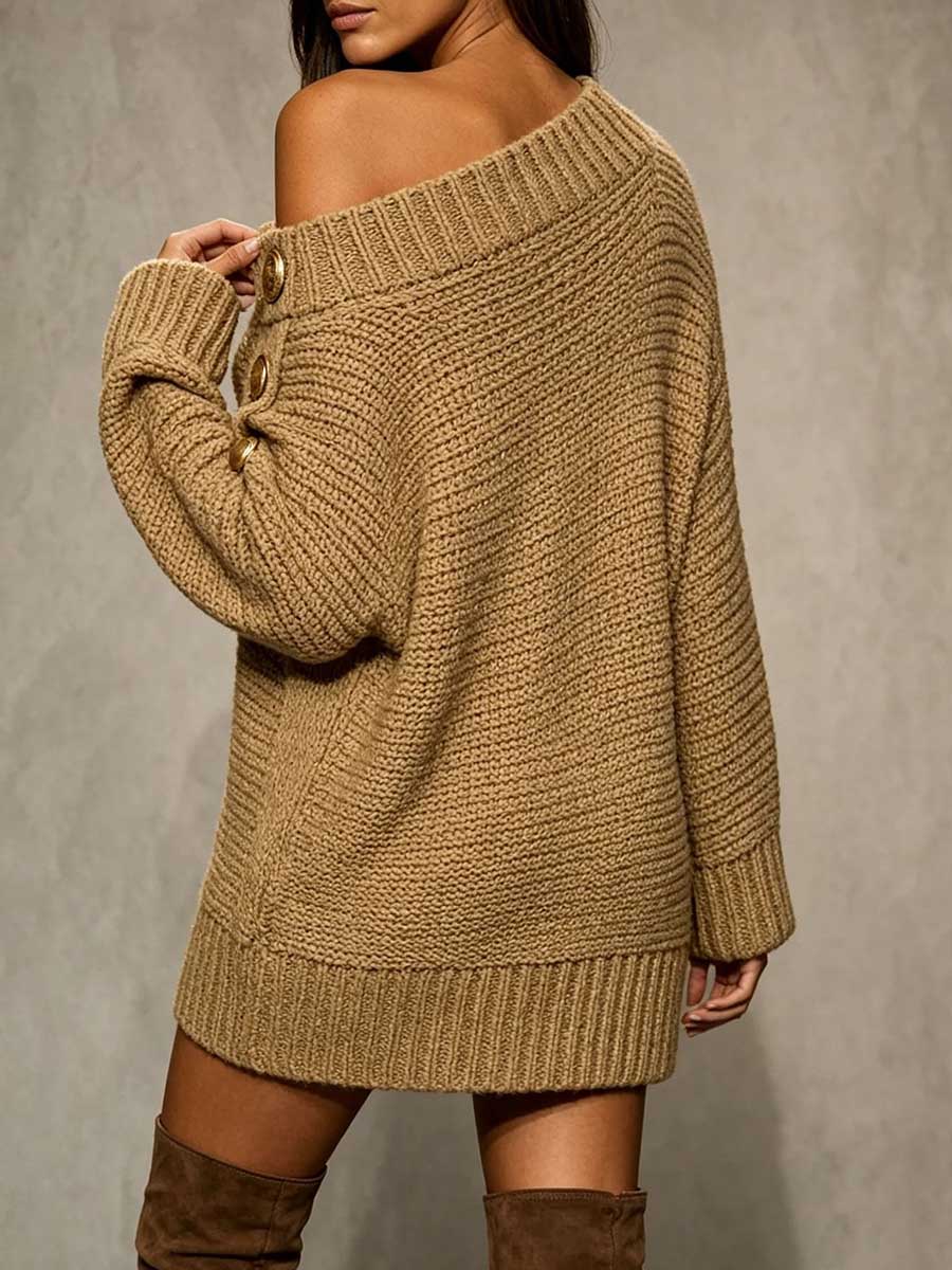 Women's Solid Color Asymmetric Off-shoulder Long-sleeve Casual Loose Knit Dress