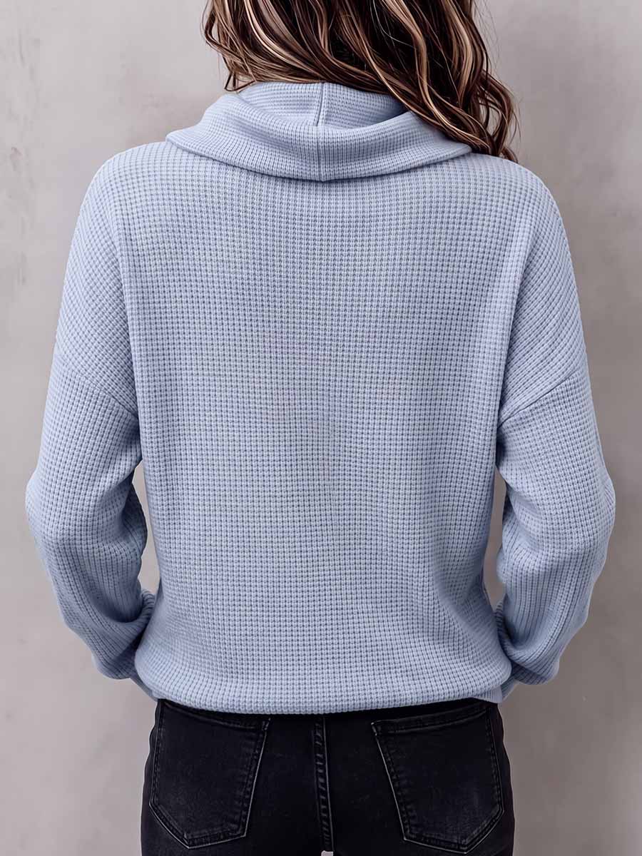 Women's Solid Color Cowl Neck Long-sleeve Loose-fit Waffle Knit Top