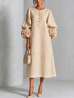 Elegant Blush Pink 3D Rosette Midi Dress