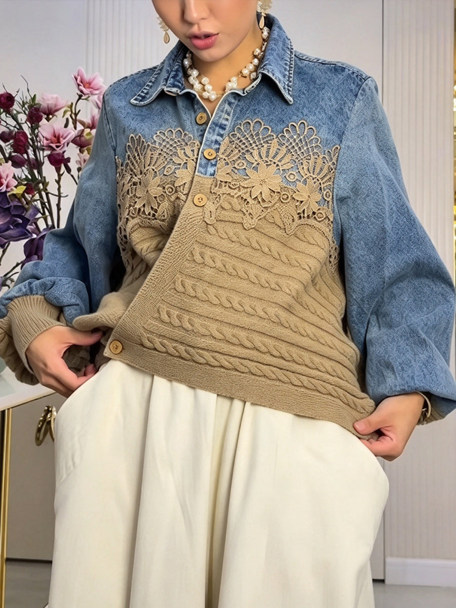 Chic Denim And Cable-knit Spliced reversible Jacket