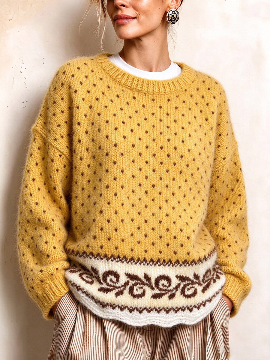 Cozy Mustard-Yellow Patterned Crewneck Knit Sweater