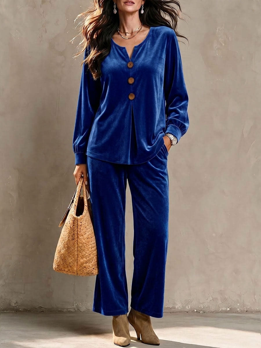 Women's Solid Color V-neck Long-sleeved Casual Loose Velvet Top And High-waisted Wide-leg Pants Set