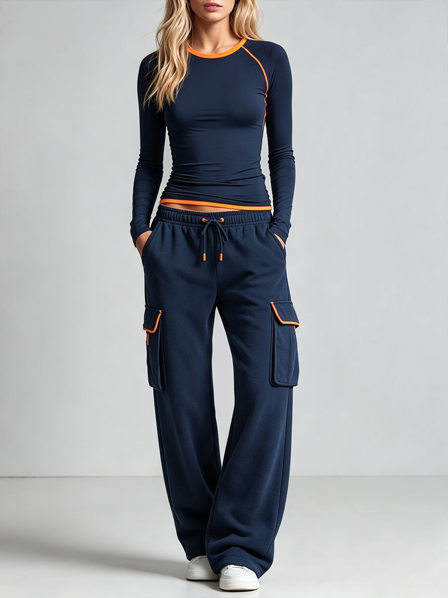 Casual Two-piece Set Featuring A Color-block Piped Stretch Knit Top And Pants.
