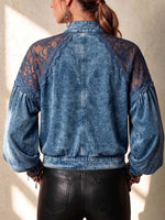 Women's Stand Collar Long Sleeve Casual Loose Denim Patchwork Lace Jacket