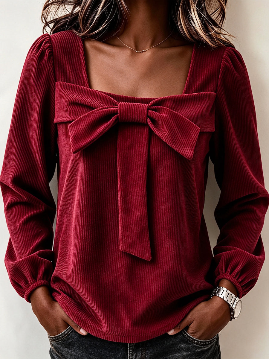 Chic Corduroy Top With A Square Neckline And Bow Detail