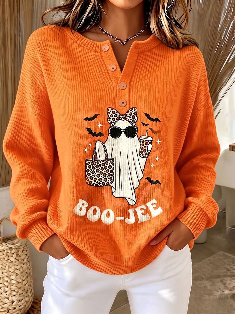 Chic Orange Ghost Graphic Button-up Knit Sweater.