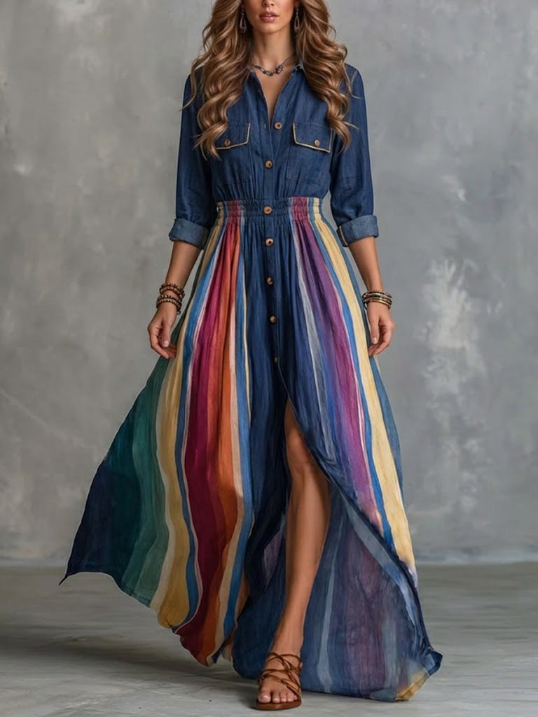 Color-block Vertical Rainbow-stripe Collared Shirt-style Maxi Dress