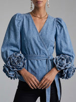 Stylish Denim Wrap Shirt With 3d Floral Sleeves And Crossover Front