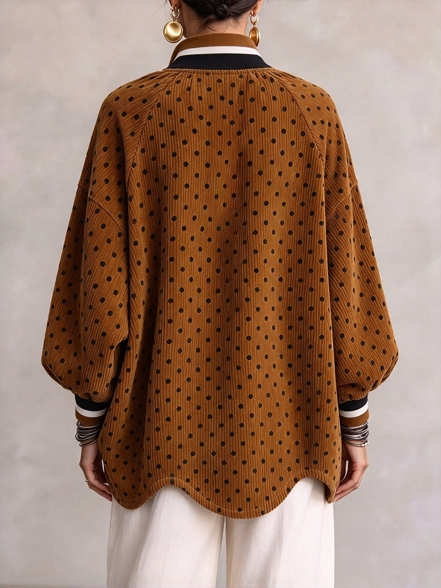 Chic Polka Dot Corduroy Zip-Up Pullover
