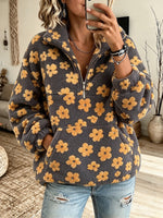 Casual Floral Half-zip Fleece Sweatshirt
