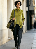 Chic Velvet Asymmetric Button Turtleneck Top
