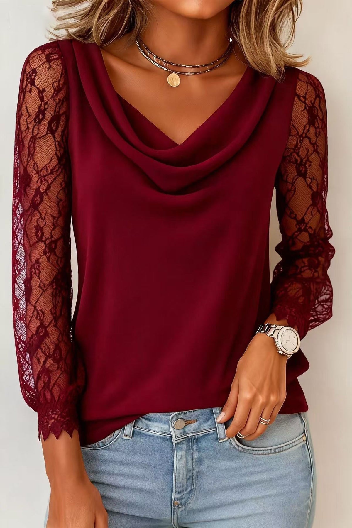 Lightweight Cotton-blend Top With Elegant Layered Collar And Lace Paneling