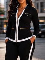 Casual Two-piece Set Featuring A Zip-up Knit Jacket And Pants With Color-block Trim.