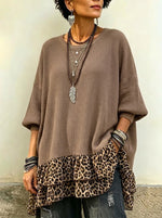 Round Neck Drop Shoulder Knit Top With Leopard Print Ruffle Hem