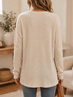Women's Solid Color Long-sleeve Casual Loose Waffle-knit Top With Cardigan-style Collar