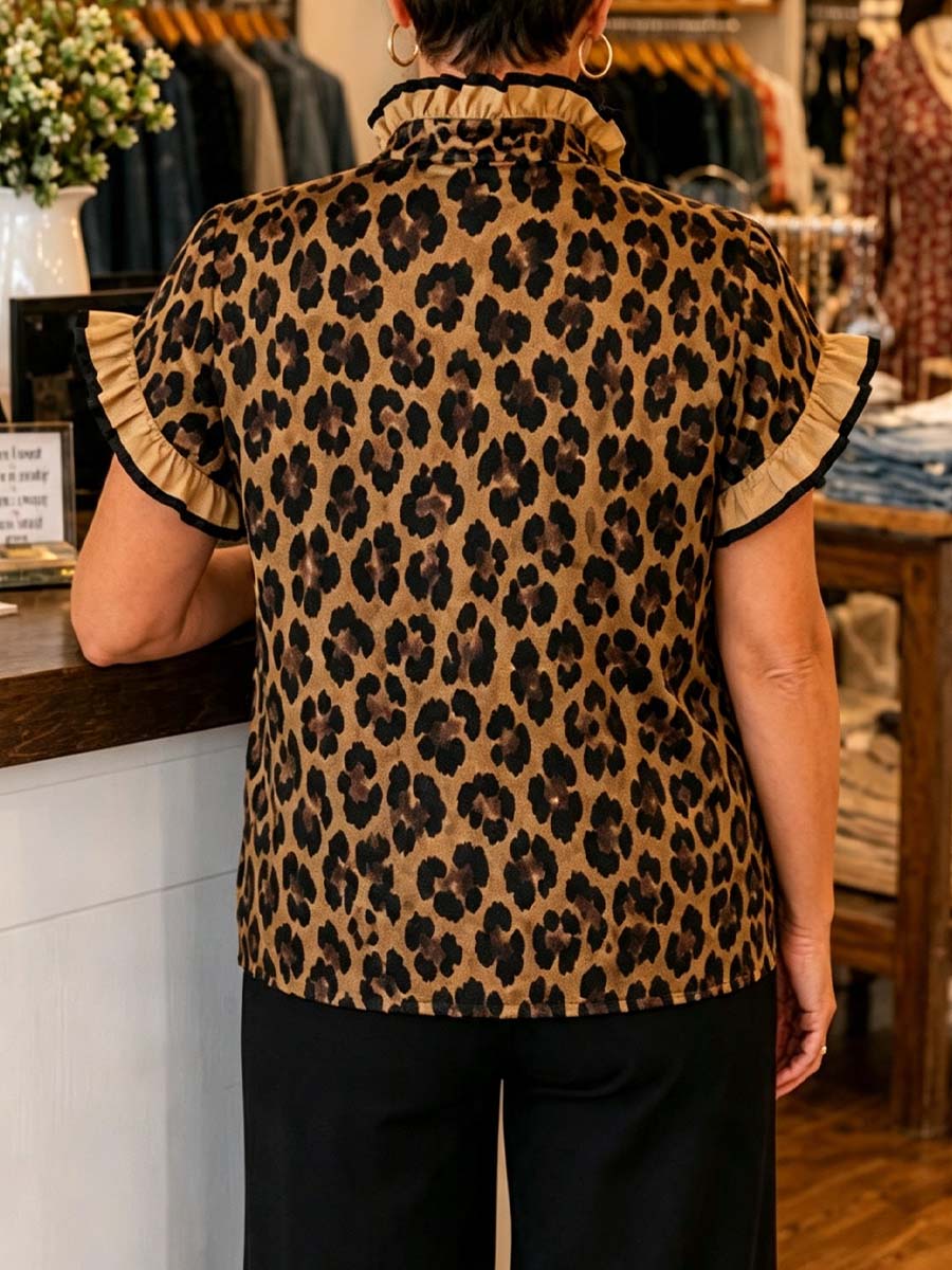 Women's Leopard Print Collared Short-sleeve Casual Loose Cotton Linen Cardigan