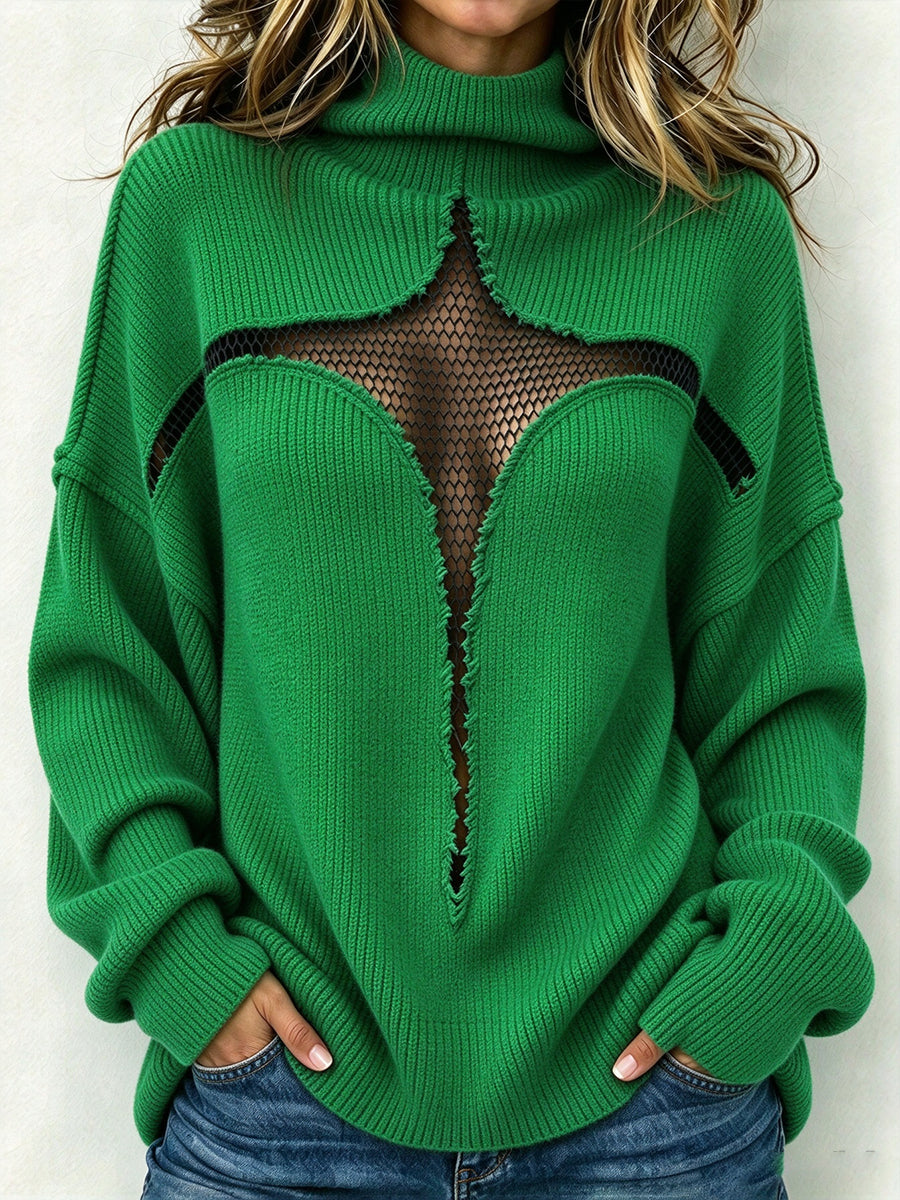 Stylish Oversized High-neck Knit Top Featuring Cut-out Mesh Paneling.
