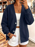 Women's Solid Color V-neck Long-sleeved Casual Loose Cotton Cardigan