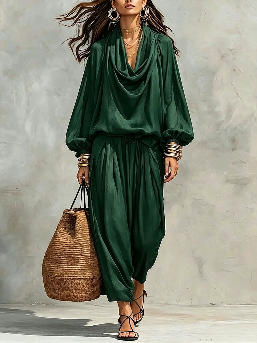 Relaxed-fit Cotton-blend Two-piece Set With A Draped Collar Top And Trousers