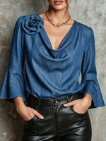 Chic Tencel Denim 3D Rose Appliqué Blouse