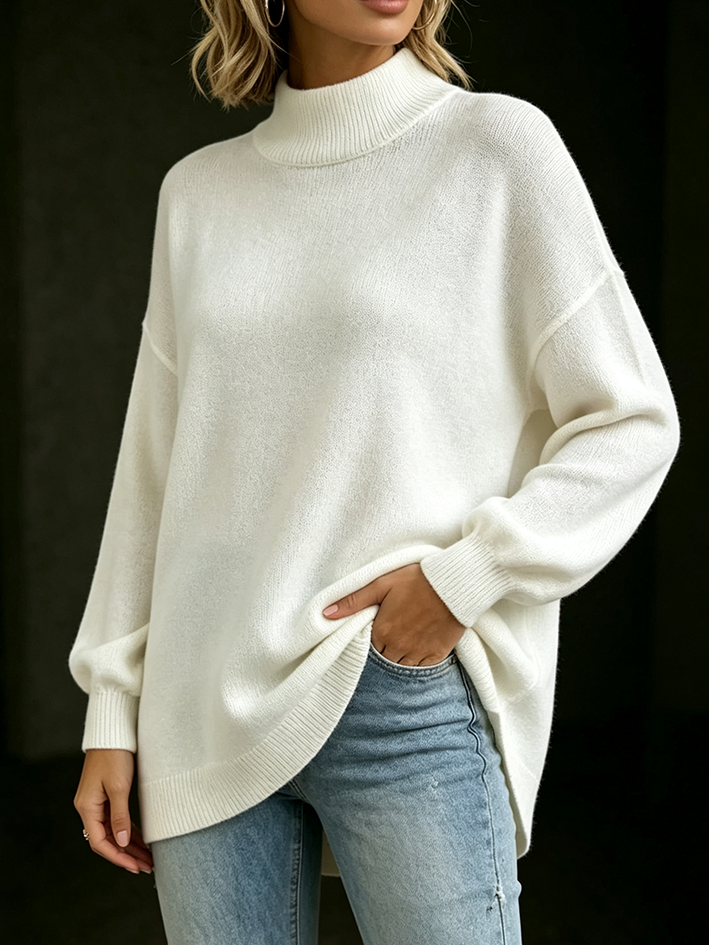 Elegant Cozy V-shaped Lace Back Panel White Knit Tunic Sweater