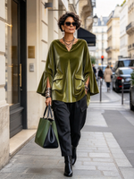 Elegant V-neck Olive Velvet Tunic Top