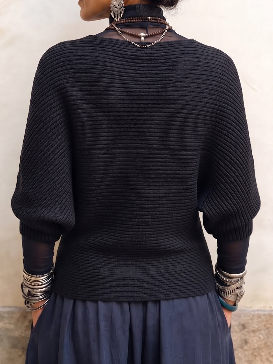 Artistic Interwoven Ribbed Batwing Knit Sweater