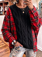 Chic Black Cable-Knit and Red Plaid Patchwork Pullover