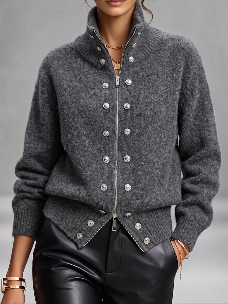 Cozy And Chic Wool-blend High-neck Zip-up Knit Cardigan With Dual-closure Detail.