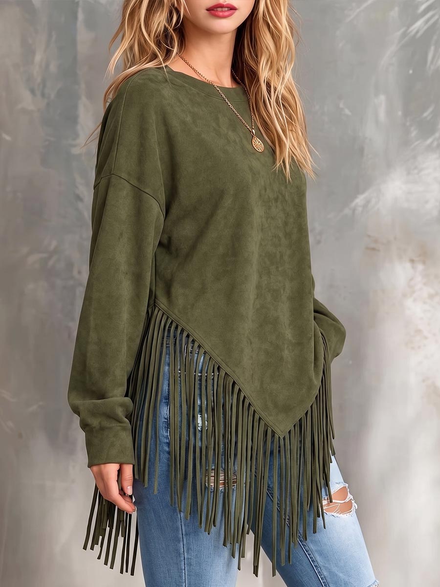 Women's Solid Color Crew Neck Long-sleeve Loose Casual Tassel Top