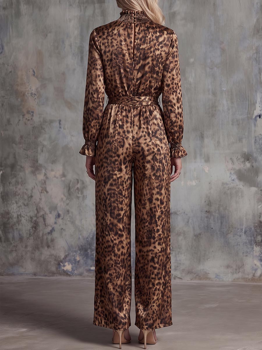 Women's Leopard Print Stand Collar Long Sleeve Casual Loose Wide Leg Jumpsuit
