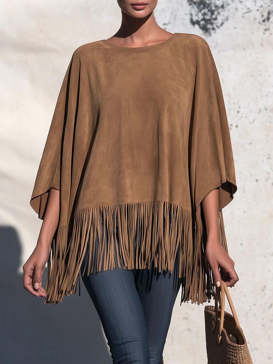 Women's Solid Color Crew Neck Long-sleeve Faux Suede Loose Casual Tassel Top