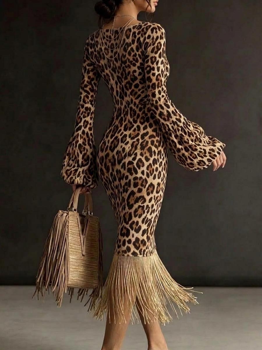 Women's Leopard Print V-neck Long-sleeve Slim-fit Tassel Dress