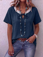 Women's V-neck Tie-waist Short-sleeved Casual Loose Cotton And Linen Top