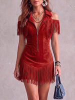 Women's Solid Color Collar Hollow-out Short Sleeve Casual Loose Tassel Dress
