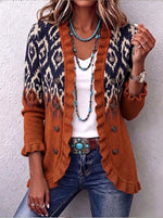 Women's Southwestern Aztec Knit Cardigan – Rust Orange Boho Button Front Sweater Jacket