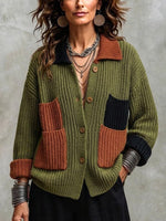 Color‑block Lapel Patch‑pocket Single‑breasted Loose Knit Cardigan Coat
