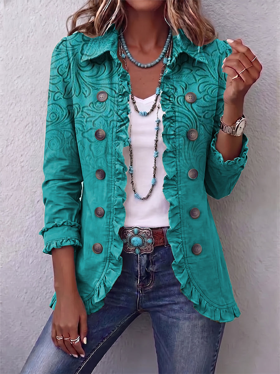 Western-style Vintage Floral Gradient Print Cotton-linen Ruffled Jacket