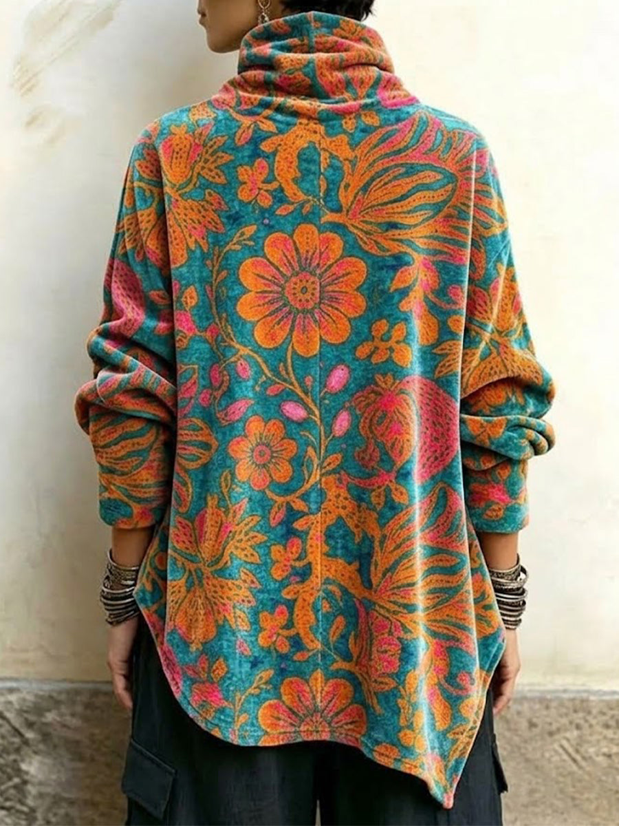 Velvet High-neck Top Featuring A Vintage Floral Print And An Asymmetrical Button-front Design