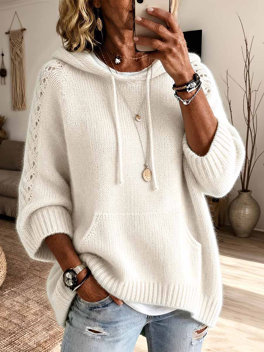 Women's Solid Color V-neck Hollow-out Long Sleeve Casual Loose Hooded Knitted Pullover