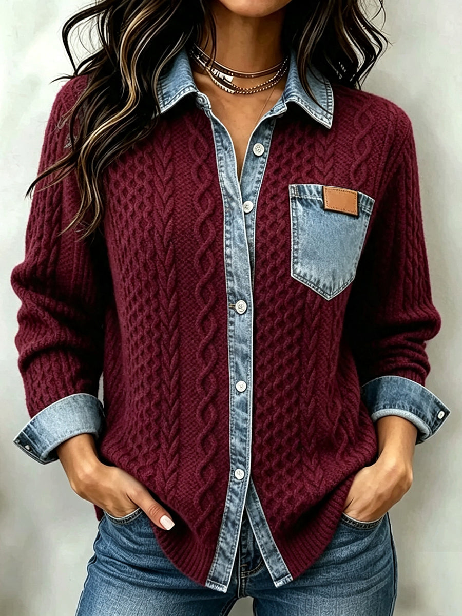 Casual Denim-Paneled Cable-Knit Shirt Jacket