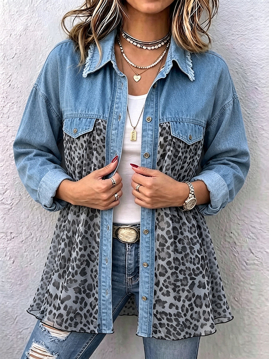 Casual Paneled Leopard-print Denim Shirt Jacket