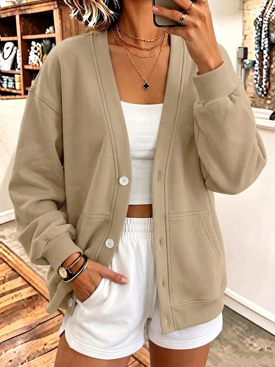 Women's Solid Color V-neck Long-sleeved Casual Loose Cotton Cardigan