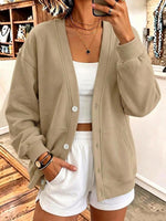 Women's Solid Color V-neck Long-sleeved Casual Loose Cotton Cardigan