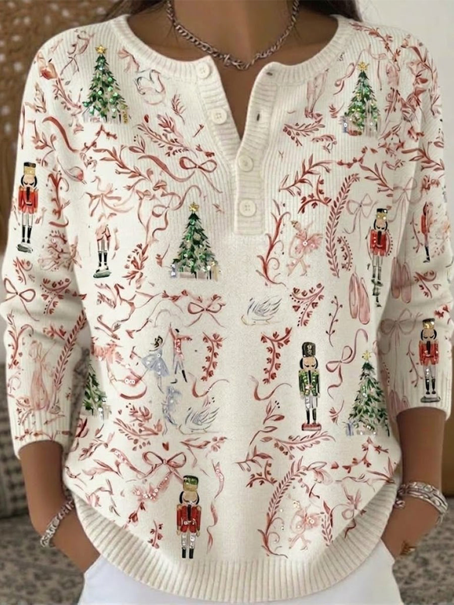 Christmas Nutcracker Print Henley Knit Sweater