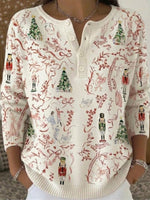 Christmas Nutcracker Print Henley Knit Sweater