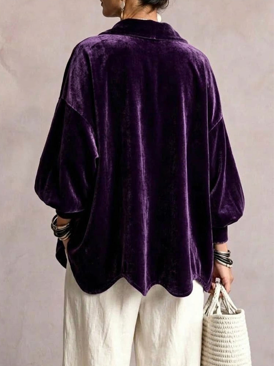 Oversized Velvet Coat Featuring Large Lapels, Large Buttons, And Lantern Sleeves