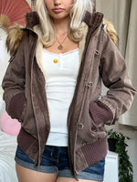Casual Faux Fur-trimmed Hooded Bomber Jacket With Faux Shearling Lining